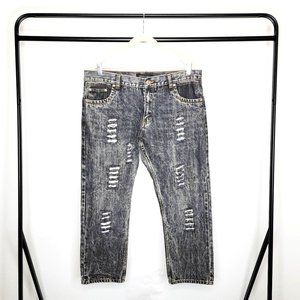 Denim Culture Men's Black Acid Wash Denim Distressed Design Front Jeans Size 38x